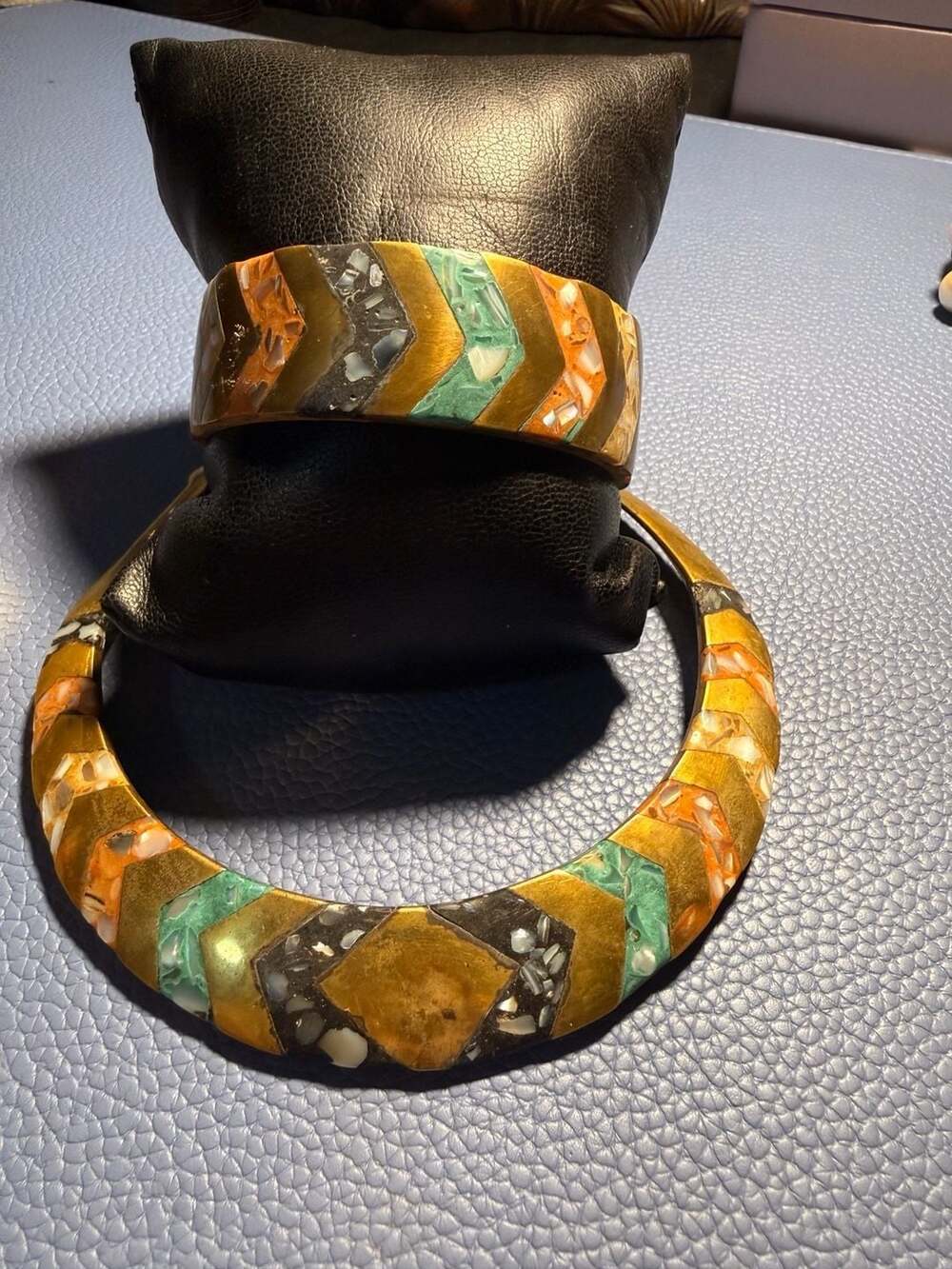 RARE!!! Vintage Brass Geometric Inlay Choker & Bangle Bracelet Set